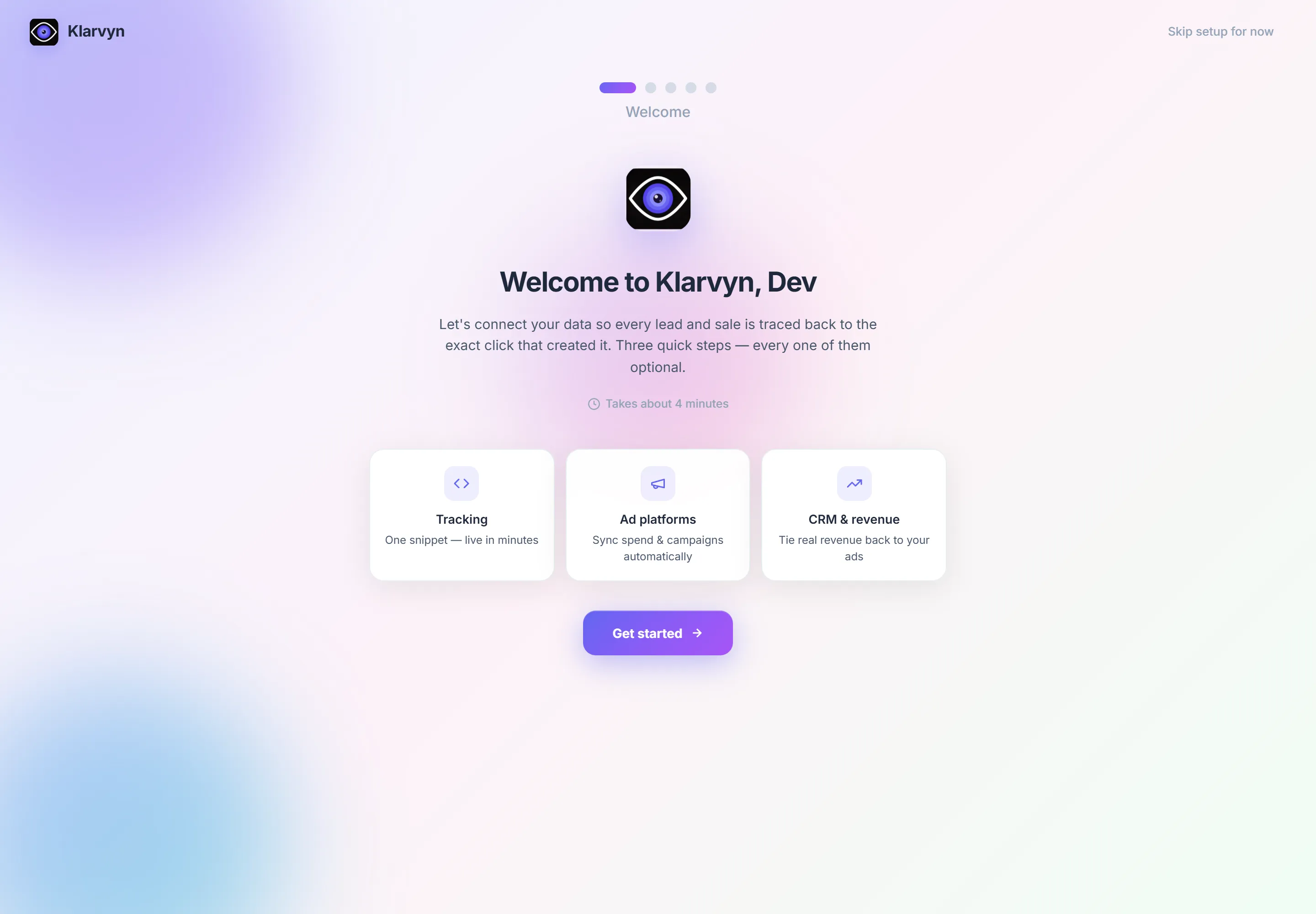 The Welcome step of the setup wizard